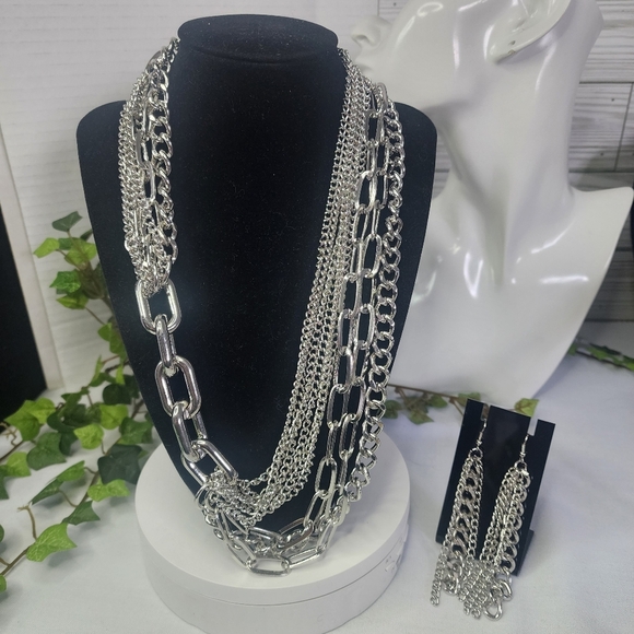 Unique Silver Multi Chain Necklace Earrings Set  New - Picture 1 of 8